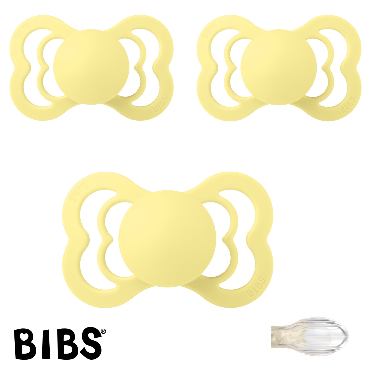 BIBS Supreme Sutter med navn str2, 3 Sunshine, Symmetrisk Silikone, Pakke med 3 sutter